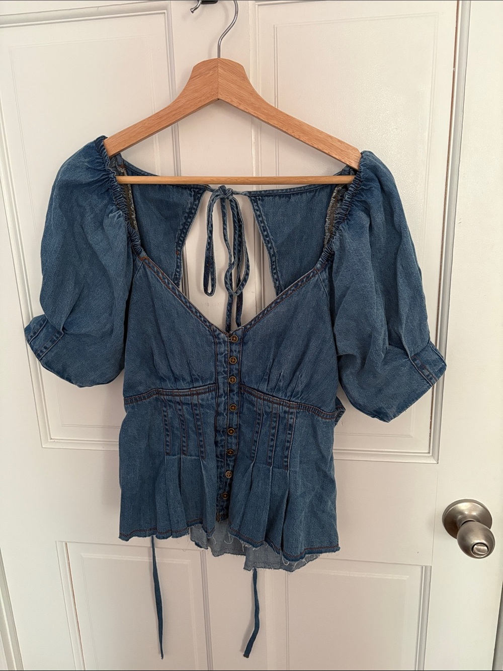 Pilcro Denim Peasant Blouse with Puff Sleeves